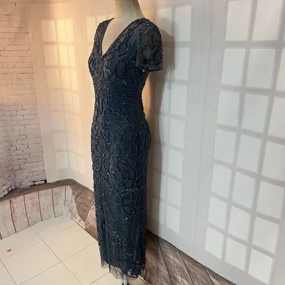 Pisarro Nights Sapphire Beaded Mesh V-Neck Short Sleeve Formal Gown Size 4 - Picture 7 of 14
